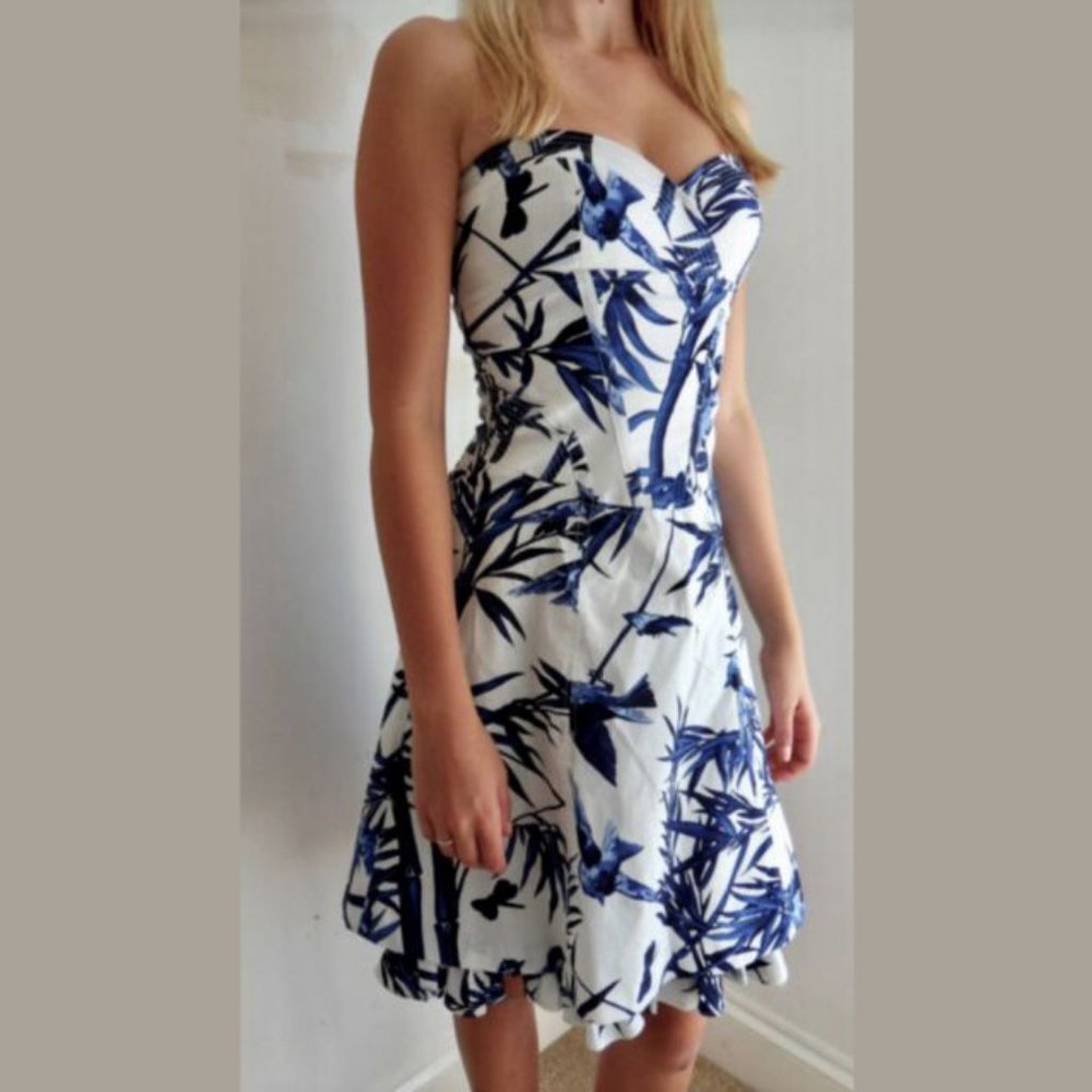 Karen Millen White & Blue Birds Strapless Dress